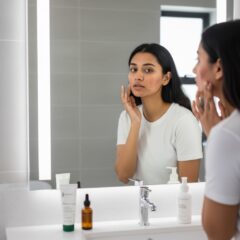 Woman touching cheek in mirror → "Woman touching cheek in mirror showing acne scar solutions for smooth skin in Chandigarh"