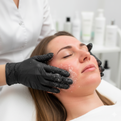 A salon professional applying a hard facial scrub