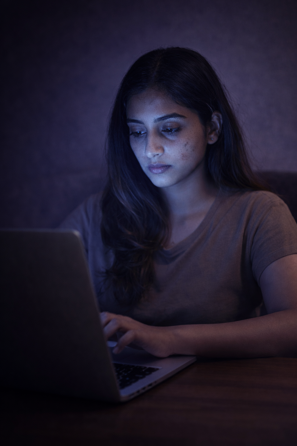 Woman using laptop with dull skin – skin damage from screens