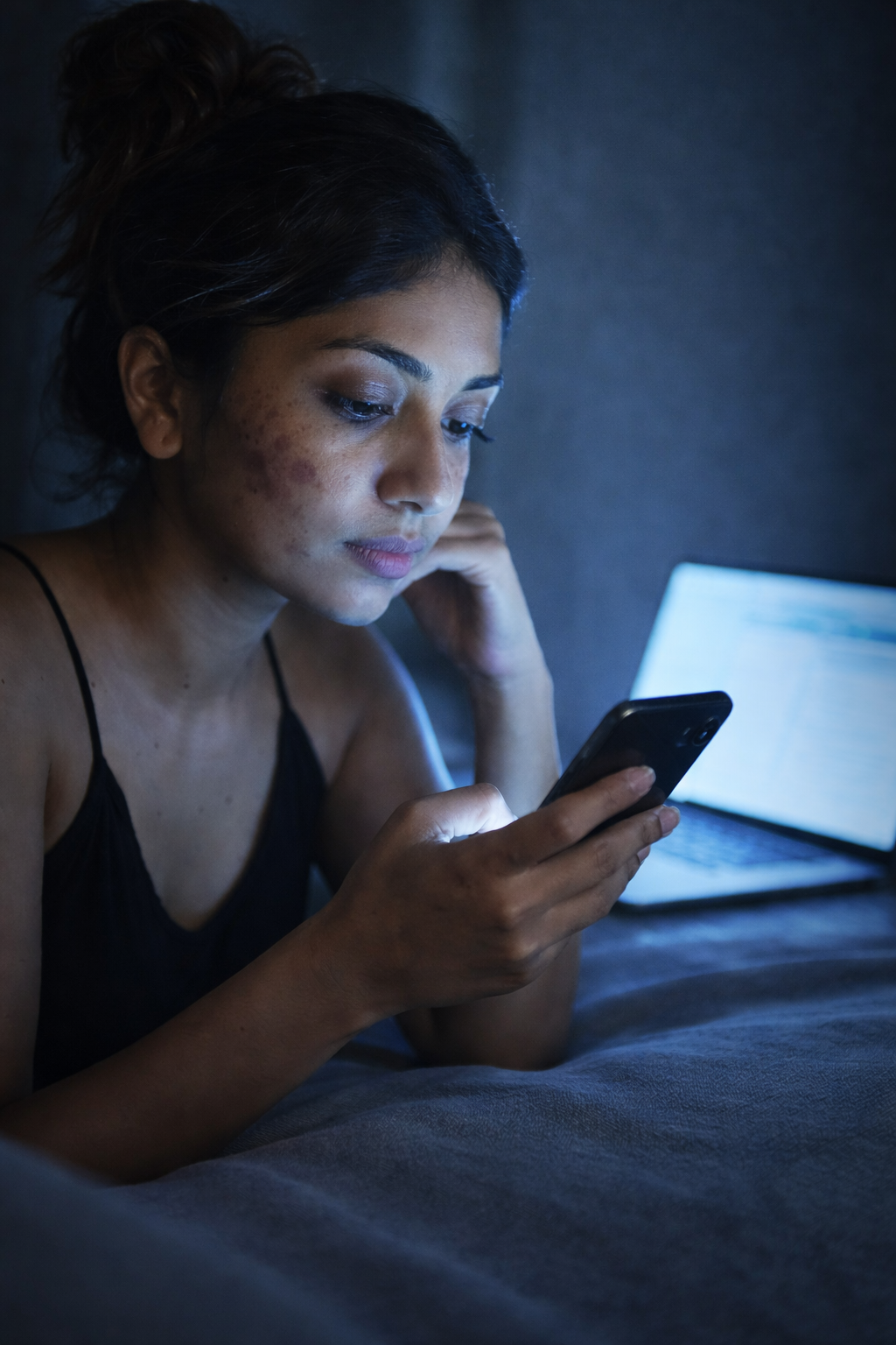 Woman using laptop with dull skin skin damage from screens